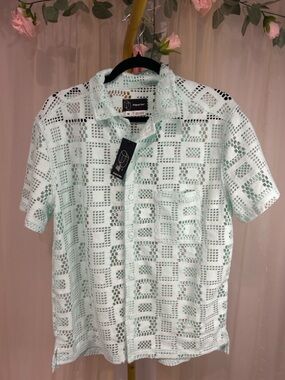 Original Use Mint Crochet Button Up Shirt Medium Open Knit Resort NWT